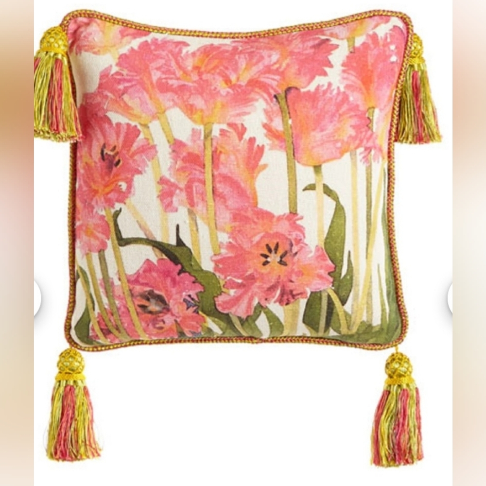 Mackenzie-Childs Parrot Tulip Check Tassled Pillow ■ Retired Vintage Design